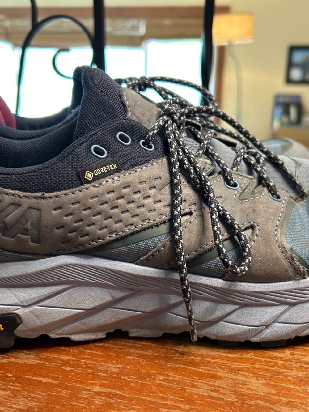 Hoka Women’s Gray and Blue Trail Sneaker with Pink Heel Accent 8.5 B